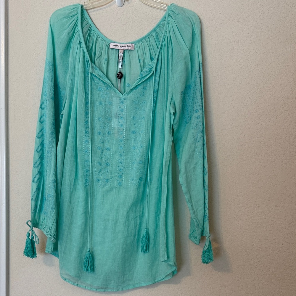 Nanette Lepore Aqua Embroidered Tassel Peasant Tunic